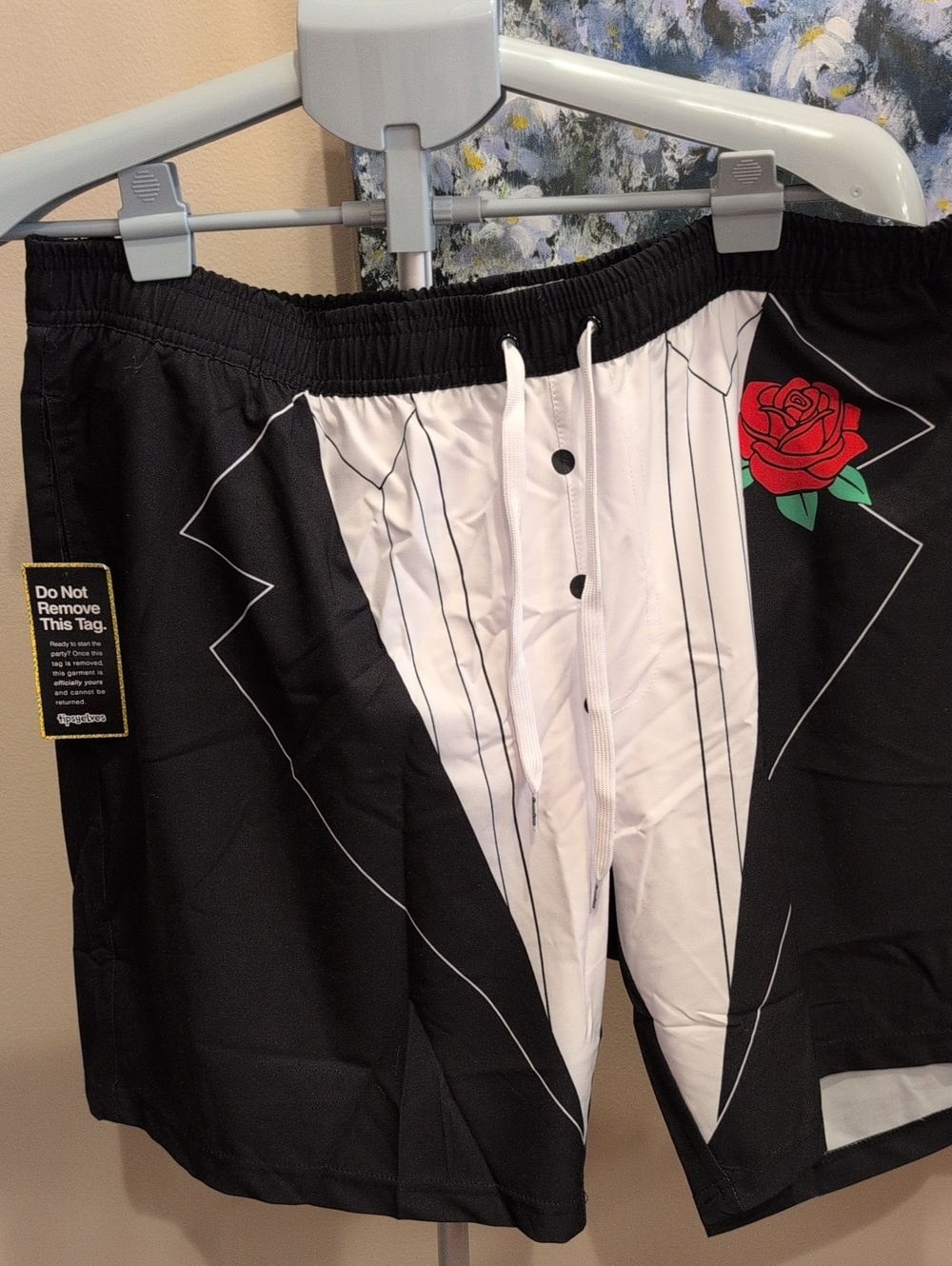 Tipsy Elves Black & White Tuxedo Print Swim Trunks with Red Rose